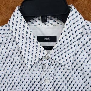 HUGO BOSS Dress Shirt Mens Large White Geo Print Slim Fit 100% Cotton